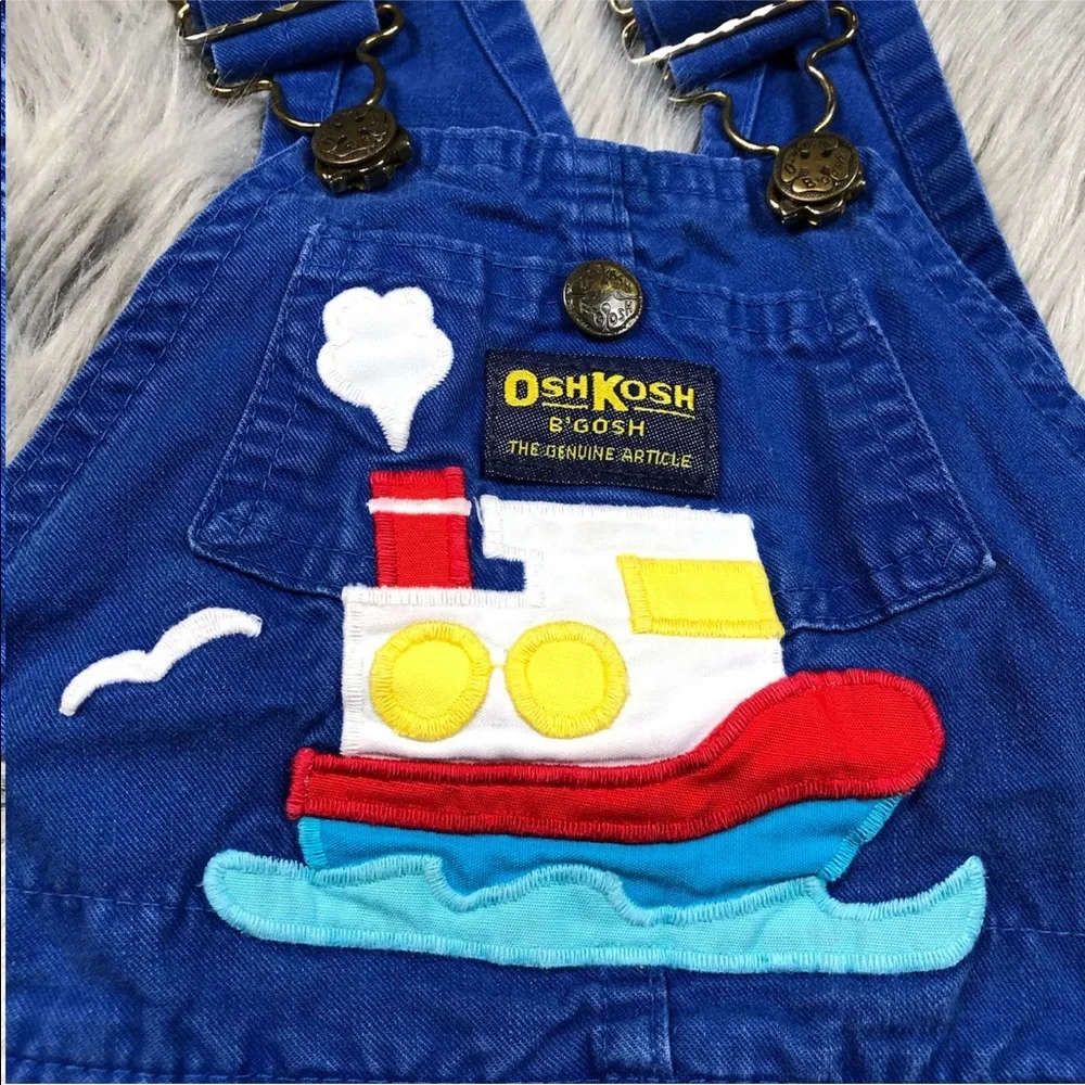 Vintage Made Usa Oshkosh Bgosh Blue Tug Boat Applique Short Overalls